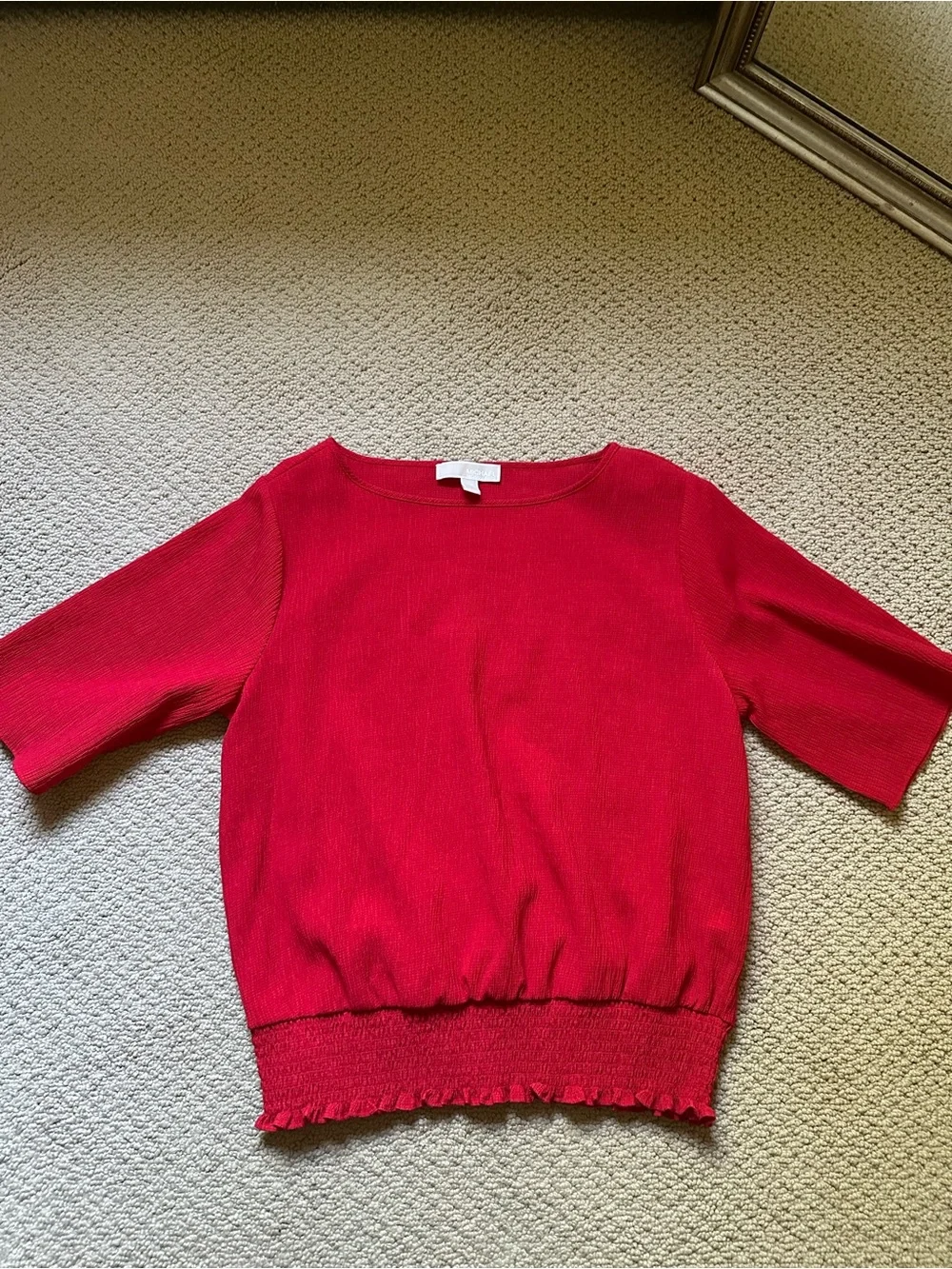 Michael Kors Red Smocked‎ Waist Blouse Size M Textured Short Sleeve Boat Neck⁠